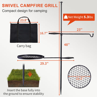 Campfire Grill Grate with Hanging Pole – Height Adjustable, 360° Rotation, 48" Thick Steel Pole, Swivel Grate Ring for Kettle, Dutch Oven & Pan – Portable Open Fire Cooking Grill for Camping & Outdoor