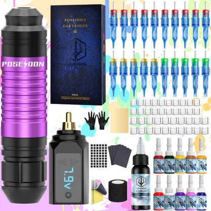 Tattoo Pen Kit with Practice Skin TU12 USB-C Rechargeable 1500mAh Battery 20 Cartridge Needles Ink Caps Transfer Paper Complete Set for Beginners & Artists
