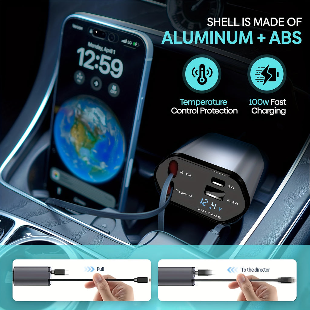 Retractable Car Charger 4in 1 Fast Car Phone Charger, Type C/IOS Car Charger Adapter with 2X Retractable Phone Charger Cables And 2X USB Ports for iPhone 15/14/13/12 Max, Samsung S24/S23, Google Smartphon