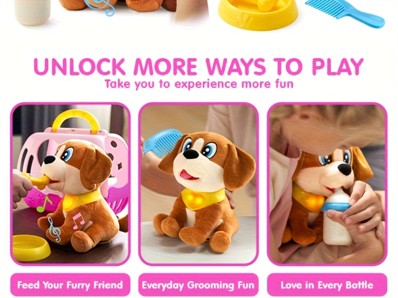 Interactive Plush Dog Toy for Toddlers with Carrier Set Music Lights Sounds Soft Breathing Glow Puppy Pet Toy with Accessories Birthday Gift for Girls 18 Months 2 3 Year Old