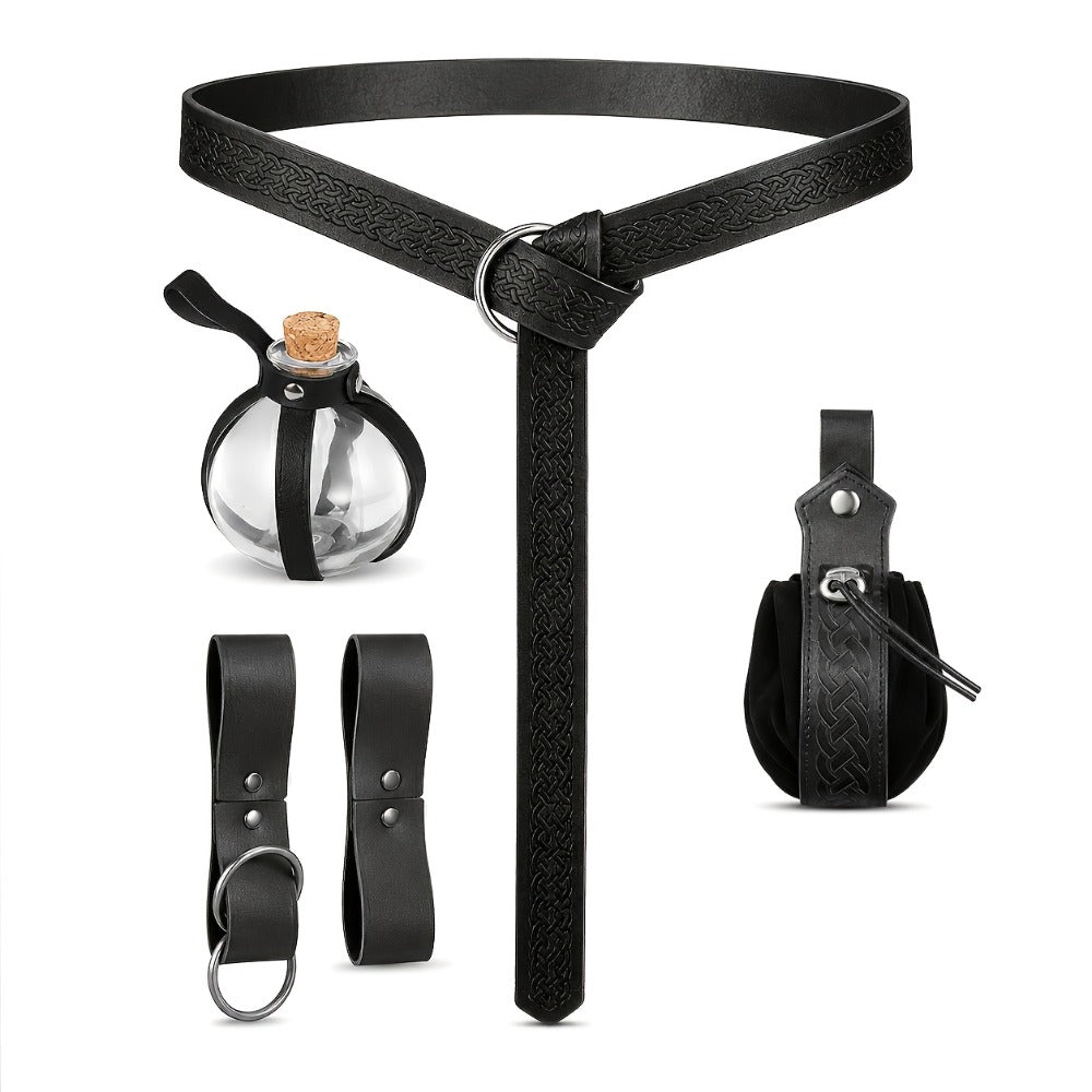 Medieval Belt Set 5pcs Viking Renaissance Faux Leather Harness with Potion Bottle Bag – LARP Halloween Cosplay Renaissance Fair Themed Party Role Play Costume Accessory, Black & Brown