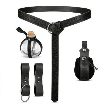 Medieval Belt Set 5pcs Viking Renaissance Faux Leather Harness with Potion Bottle Bag – LARP Halloween Cosplay Renaissance Fair Themed Party Role Play Costume Accessory, Black & Brown