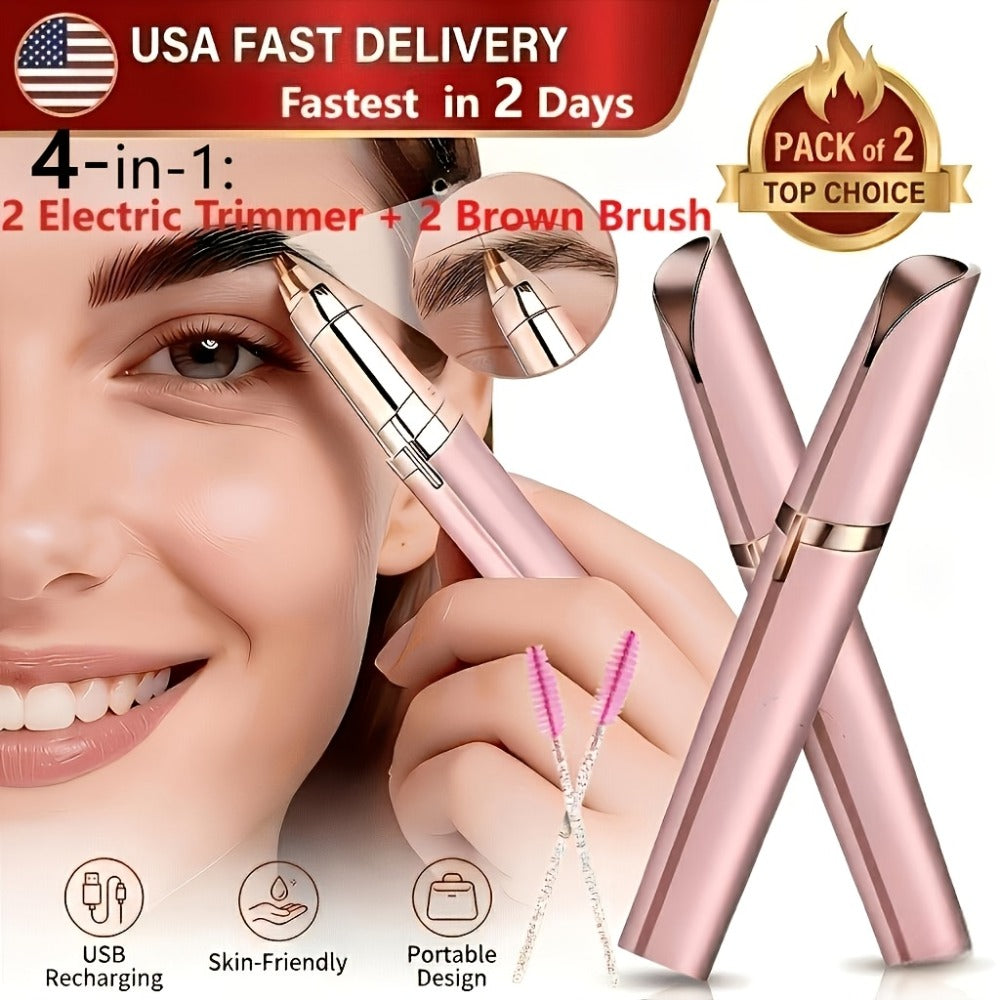 Electric Eyebrow Trimmer for Women 2 Pack, USB Rechargeable Painless Precision Eyebrow Razor Pen, Portable Hair Remover for Face Lip Leg Armpit – Pink White Colorful