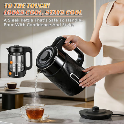 Electric Kettle 1000W Double Wall Stainless Steel – 57.48oz 304 SS Hot Water Kettle with 360° Rotary Base, LED Light, Auto Shut-Off & Boil-Dry Protection, Instant Water Warmer for Coffee & Tea – Black