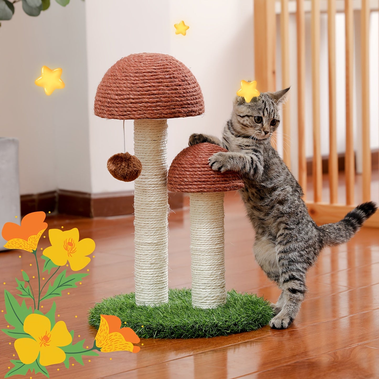 Cat Scratching Post Multi-Tier Sisal Tower for Indoor Cats – 18.9" & 32" Cat Tree with Hanging Ball Toy, Natural Sisal Rope, Sturdy Base – Green, Brown, Gray, Black, Beige Options