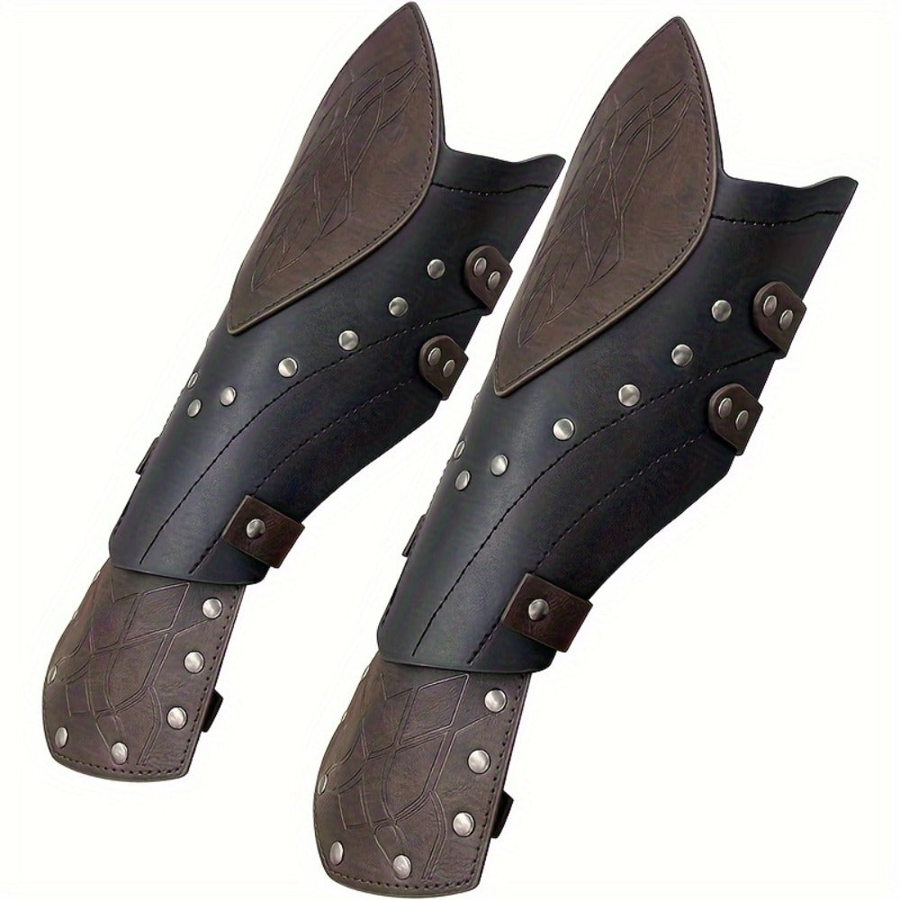 Elf Arm Guards 2pcs Medieval Embossed Faux Leather Fantasy Buckle Armor – Halloween Knight Gloves LARP Cosplay Renaissance Faire Role Play Costume Prop, Black