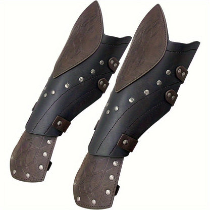Elf Arm Guards 2pcs Medieval Embossed Faux Leather Fantasy Buckle Armor – Halloween Knight Gloves LARP Cosplay Renaissance Faire Role Play Costume Prop, Black