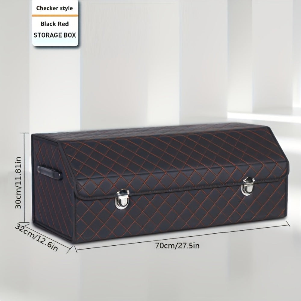 PU Leather Foldable Car Trunk Organizer Box with Lid – Collapsible Cargo Storage Bin for SUV & Sedan, Tool & Accessory Container, 15" & 28" Sizes, Coffee, Black Silver & Black Red