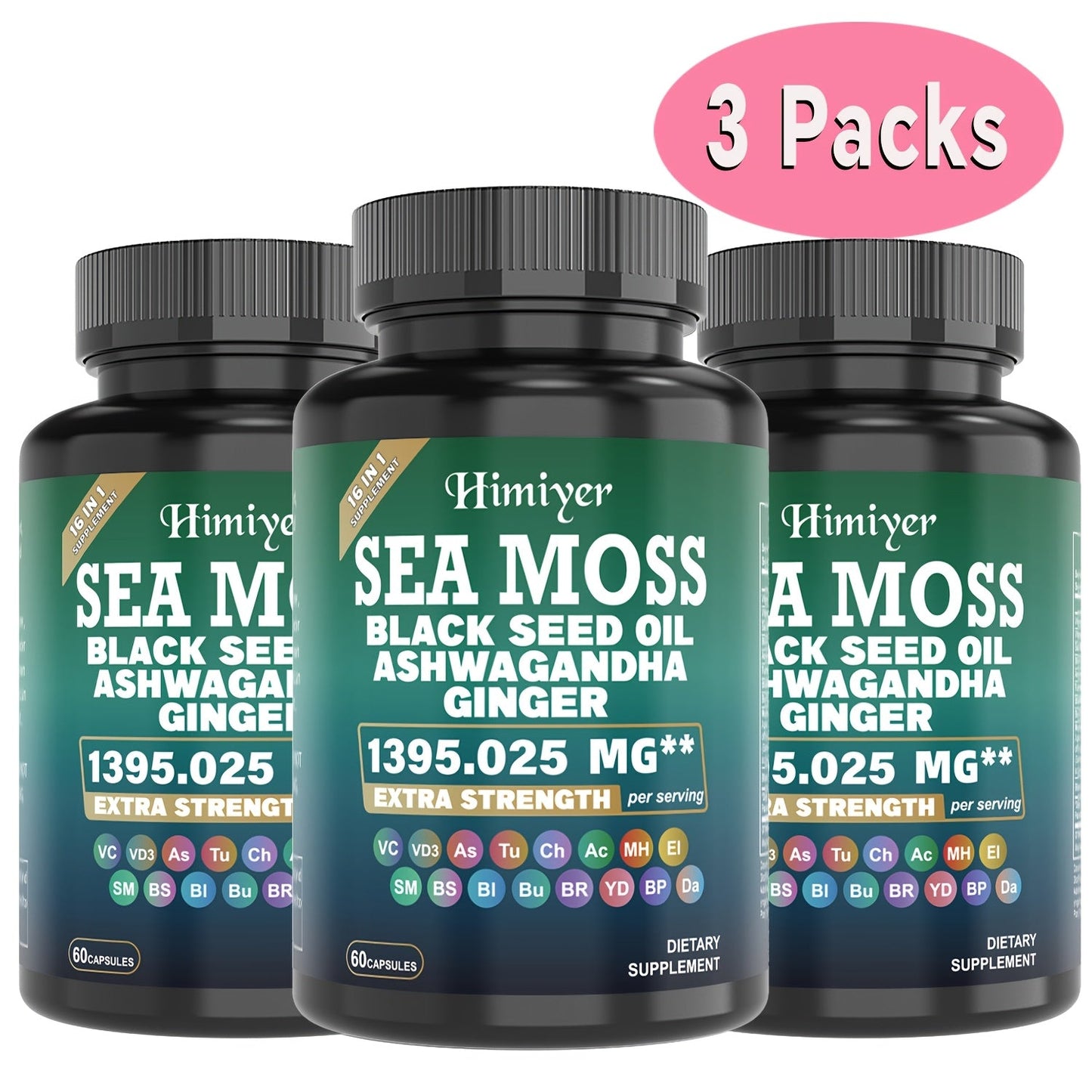 Sea Moss Capsules 3-Pack 180ct with Black Seed Oil Ashwagandha Turmeric Vitamin C D3 — Superfood Supplement for Energy Immunity Thyroid Gut Health Men Women