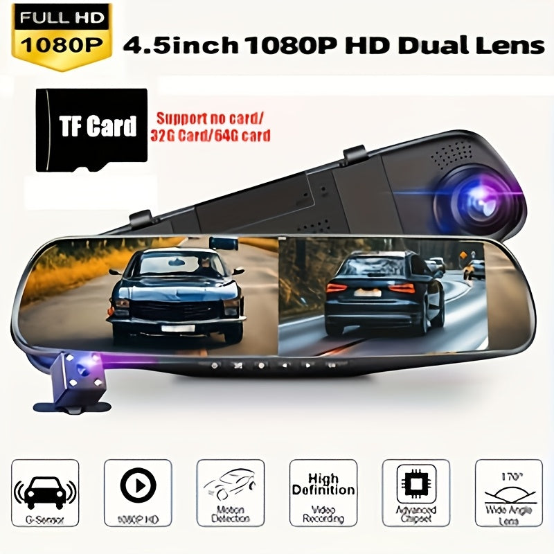 1080P Full HD Dual Lens Car Camera, Front & Rear Interior Cam With Night Vision, 24H Parking Mode, WDR, G-Sensor, Motion Detection, Magnetic Mount, Push Button Control, Smartphone Compatible, Support No Card/32g Card/64g Card Optional