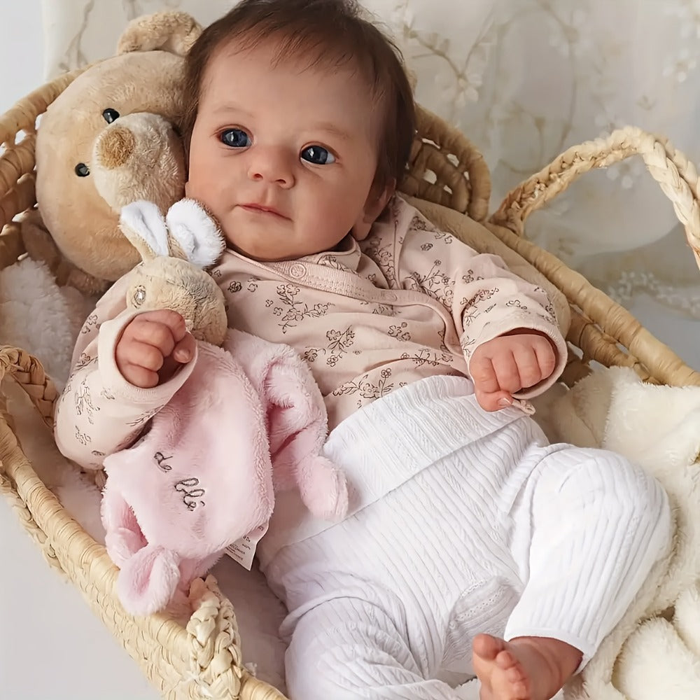 Pink Reborn Baby Doll 16 Inch 42CM Hand-Rooted Brown Hair Cloth Body – Hand-Painted Lifelike Newborn Girl Angie, Gift Set with Pacifier Feeding Container Birth Certificate for Kids Ages 3+ & Collectors