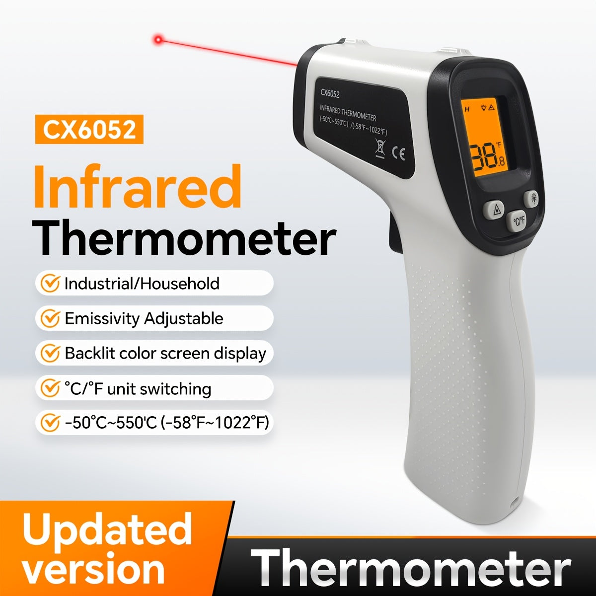 -58°F to 1022°F Lab Digital Infrared Thermometers, Non-Contact IR Thermometer, Laser Temperature Gun with Adjustable Emissivity And Color Backlight, Temperature Gun Thermometer for Cooking, BBQ, Oven & Engine (Not for Human Body Temperature)