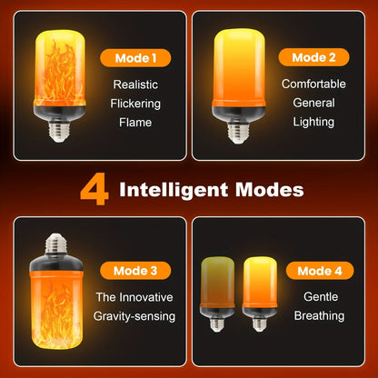 Flame Effect Light Bulb E26 Gravity Flicker 51 LEDs 3W with 4 Modes – Fire Effect Flickering Bulb for Christmas Halloween Indoor Fireplace Decor Atmosphere Lighting, Yellow, 2-Pack