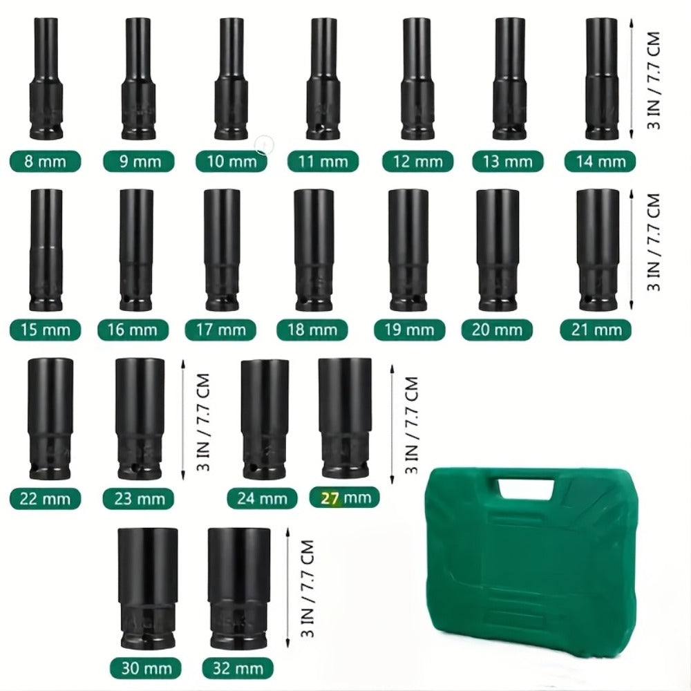 Impact Socket Set 10-20pcs 1/2" Drive Metric Deep CR-V Steel 8mm-32mm Extended Hex Socket Automobile Repair Tool Kit