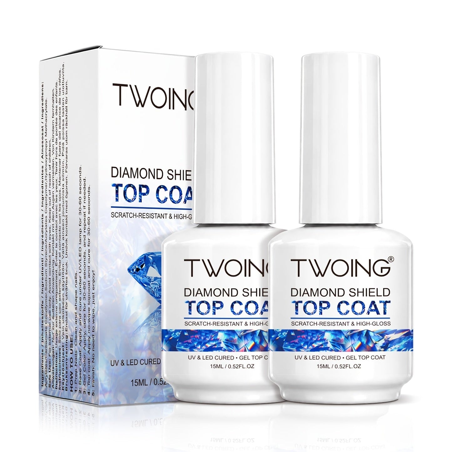 No-Wipe Gel Top Coat 2-Pack Diamond Shine High Gloss — LED Soak-Off Nail Sealer, Long-Lasting Scratch-Resistant Crystal Clear Finish for Salon & Home Manicure, Nail Art Sealer for Glitter & Foils (0.51oz Each)
