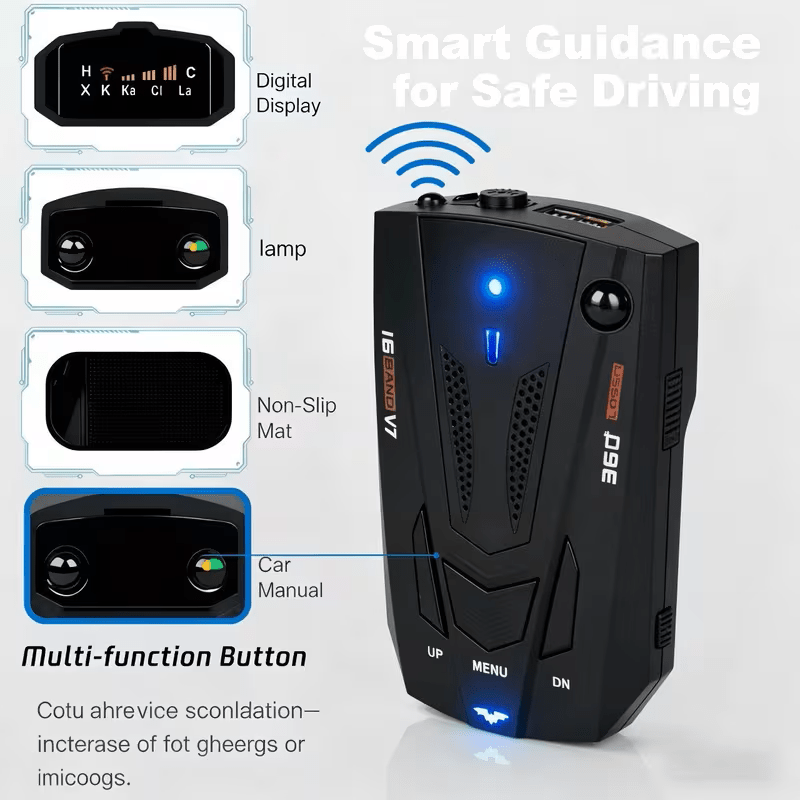 Radar Detector for Cars V7 Upgraded Chip 360 Degree Signal Reception City Highway Mode Compact Design Long Range Detection Speed Camera Alert All Vehicle Universal Fit Premium Black