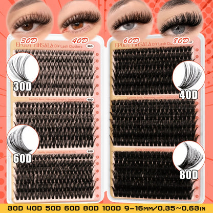 708Pcs Mixed Density Lash Clusters Kit 8-16mm 30D-100D Mega Volume with Glue Tweezers & Brush – Soft Reusable DIY Cluster Lashes for Natural to Dramatic Salon-Style Eye Makeup at Home