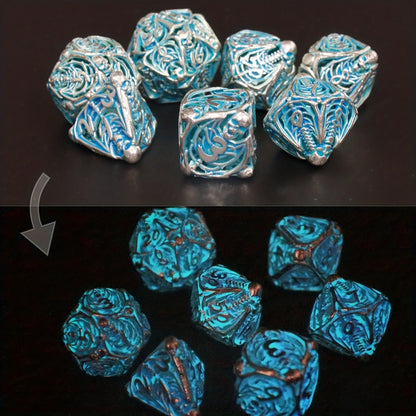 Metal Skull Dice Set 7pcs Glow in the Dark – Hollow UV Fluorescent Polyhedral DnD RPG Dice for Dungeon Masters, Skeleton Design Blue, Tabletop Gamer Gift Halloween Christmas Birthday