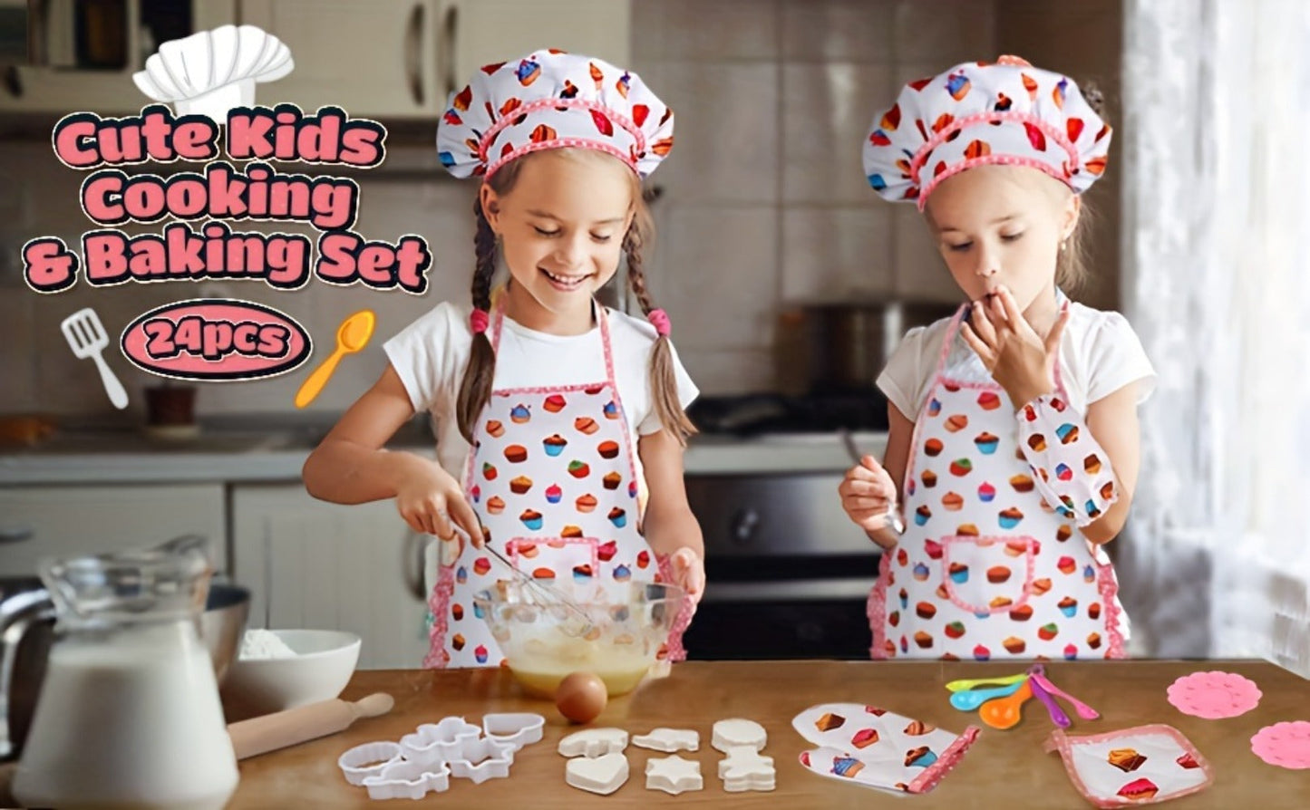 Kids Cooking & Baking Set 24 PCS – Chef Hat & Apron Dress-Up Costume with Baking Accessories for Girls Boys Ages 3-10 | Pretend Play Kitchen Toy | Best Birthday Christmas Gift