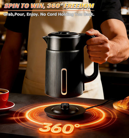 Electric Kettle 1000W Double Wall Stainless Steel – 57.48oz 304 SS Hot Water Kettle with 360° Rotary Base, LED Light, Auto Shut-Off & Boil-Dry Protection, Instant Water Warmer for Coffee & Tea – Black