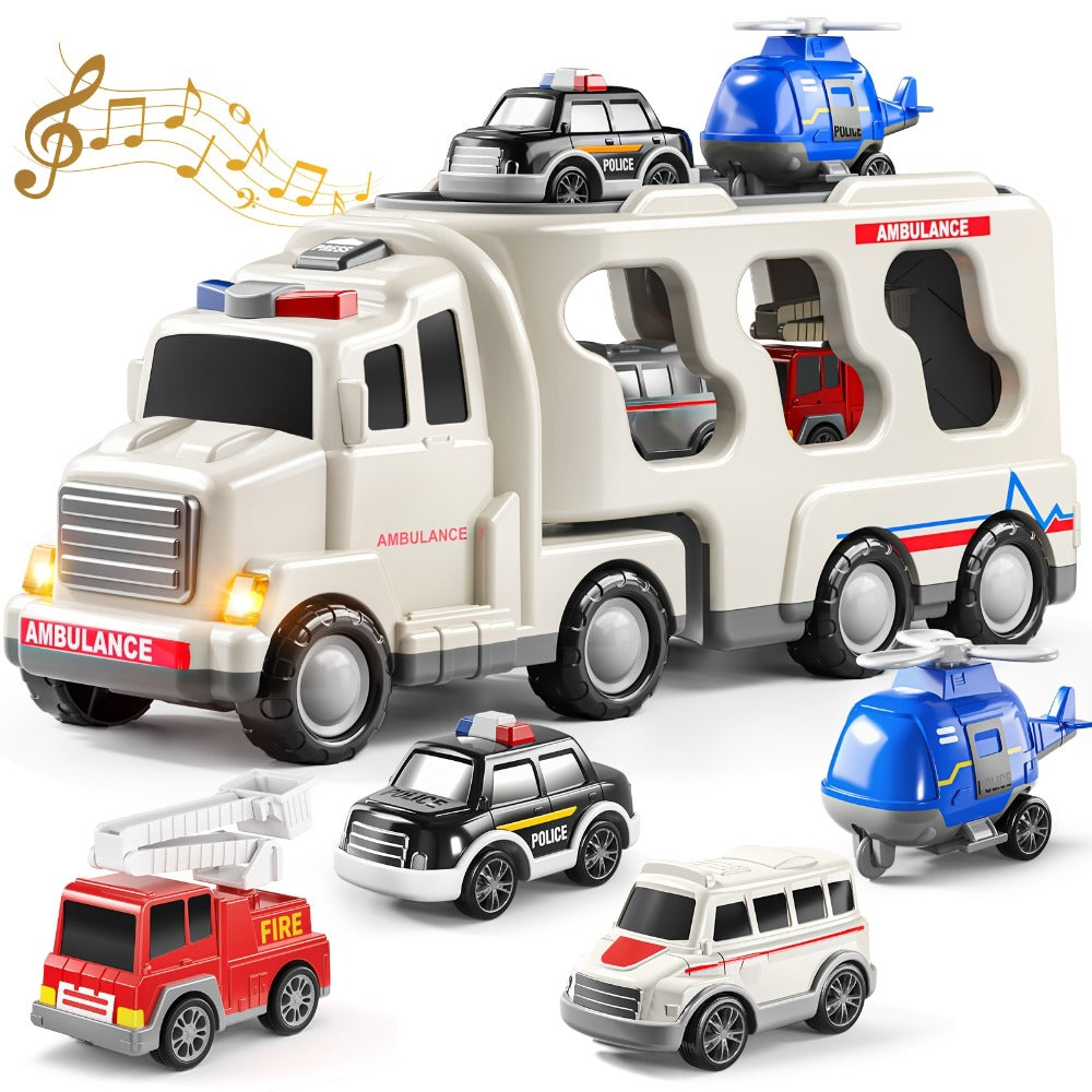 Ambulance Carrier Truck Toy Set 5-in-1 with Light & Sound for Kids Ages 3-8 – Friction Powered Rescue Vehicle Playset Fire Truck Police Car Helicopter Mini Cars Birthday Christmas Gift Boys Girls