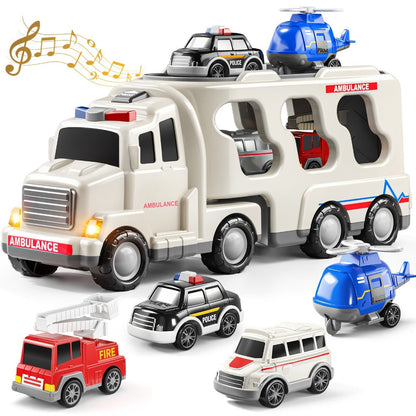 Ambulance Carrier Truck Toy Set 5-in-1 with Light & Sound for Kids Ages 3-8 – Friction Powered Rescue Vehicle Playset Fire Truck Police Car Helicopter Mini Cars Birthday Christmas Gift Boys Girls