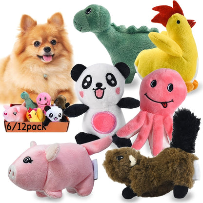 Stuffed Squeaky Dog Toys for Small Dogs 6 or 12 Pack Cute Cartoon Plush Chew Toy Bulk Set with Squeakers - Soft Pet Toy for Puppies & Small Medium Breeds