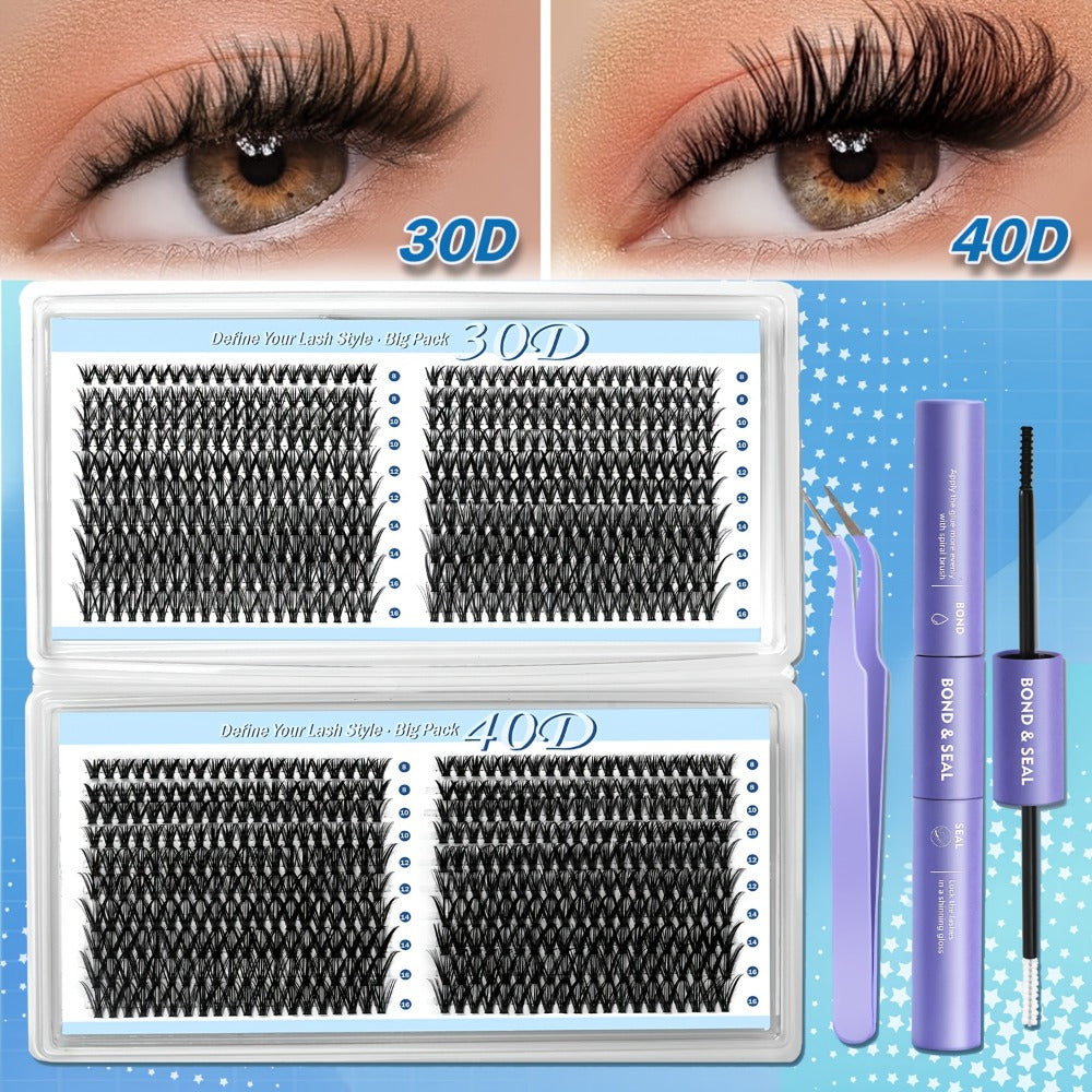 800Pcs Fluffy Wispy Lash Clusters Kit — 30D 40D Mixed Length 8-16mm DIY Eyelash Extensions with 2-in-1 Bond & Seal Glue and Tweezers, Natural Long-Lasting Cluster Lashes for Everyday Wear & Events