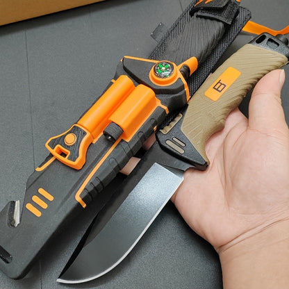 Fixed Blade Outdoor Camping Knife 9.64 Inch Stainless Steel, Survival Hunting Knife with Flint Fire Starter Night Light Sharpener Safety Sheath, Non-Slip Ambidextrous Handle for Hiking Mountaineering Adventure