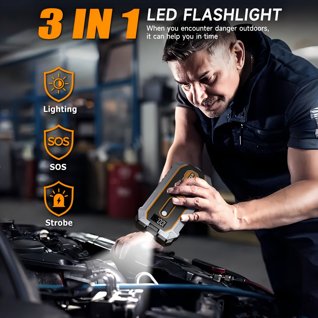 Powerful Car Battery Jump Starter with a Peak of 6500A, Suitable for 2.64gal Gasoline And 2.11gal Diesel Engines, Equipped with Safety Features Such As a Flashlight And Emergency Hammer