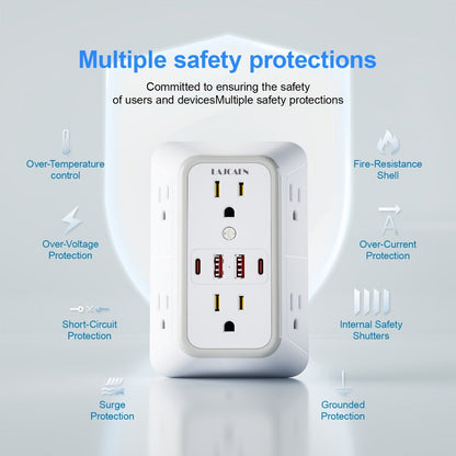 Outlet Splitter Wall Expander 10-in-1 with 6 AC Outlets 2 USB-A 2 USB-C Ports 3-Sided Plug Extender Surge Protector Night Light Compact Space-Saving Design for Home Dorm Apartment Office