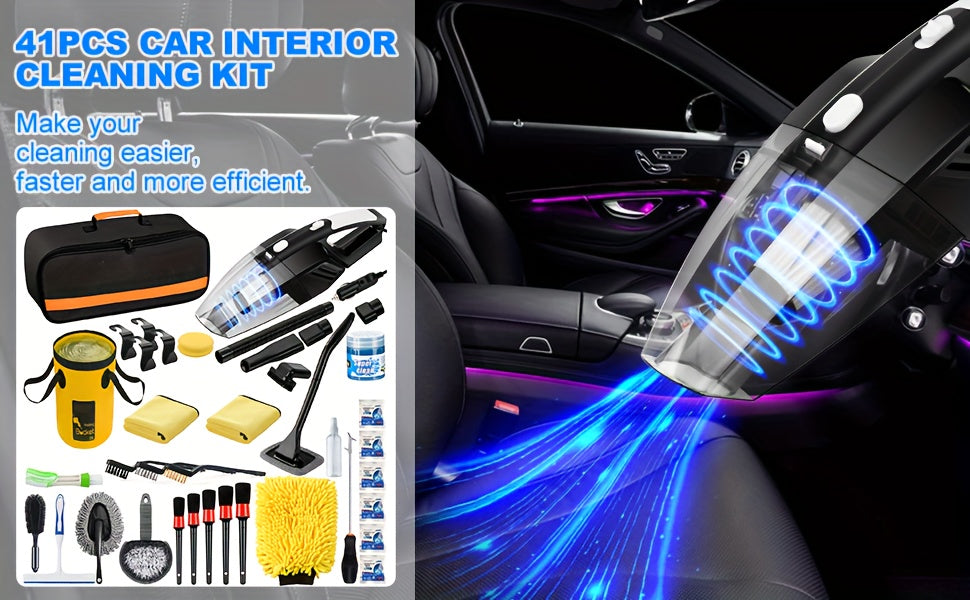 19pcs/41pcs Car Cleaning Wash Interior Detailing Cleaner with High Power Handheld Vacuum, Collapsible Bucket, Windshield Tool, Clean Snow Shovel, Tire Brush, Complete Car Care Tools
