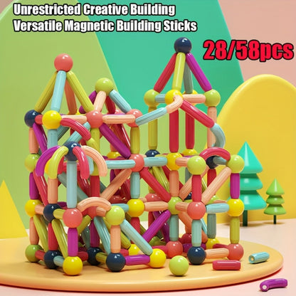 Magnetic Sticks Building Set 28 58 Pcs – 3D STEM Construction Toy for Kids Ages 3+ Build Towers Animals Shapes Creative Imagination Family Classroom Group Play Birthday Christmas Gift