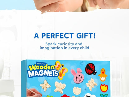 DIY Wooden Magnet Painting Kit for Kids – 12pcs Arts and Crafts Set with Paint Palette Brush Glitter Glue, Creative Activity Birthday Party Favor Gift Boys Girls Ages 3+