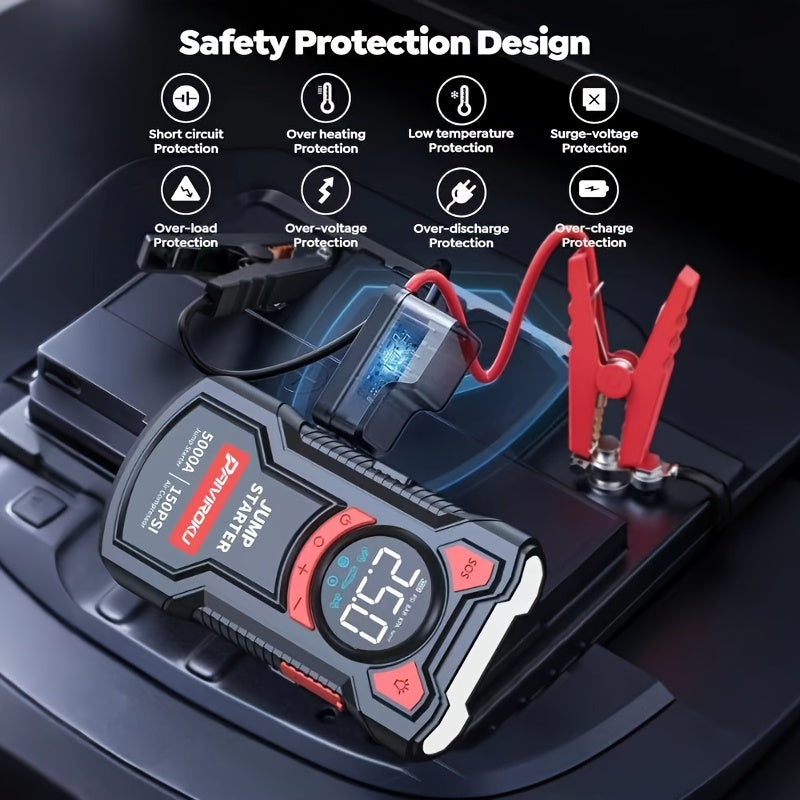 Jump Starter with Air Compressor, 150 PSI Car Air Compressor & 5000A Peak Car Jump Starter (2.64 Gallons Of Gasoline, 2.38 Gallons Of Diesel) with LED Light, Power Bank Function.
