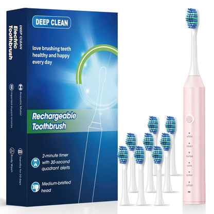Rechargeable Toothbrush – 6 Cleaning Modes, 500mAh Lithium Battery, USB Charging, Soft Bristles, 4 or 8 Brush Heads, Black White Pink Electric Toothbrush for Adults Deep Clean & Whitening