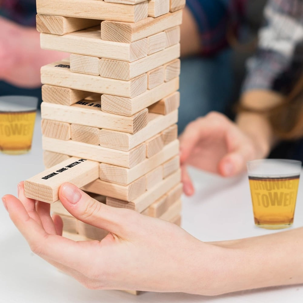 Drinking Game Tower Set 60 Wooden Challenge Blocks with 4 Glass Cups – Adult Party Game for Game Night Camping Bar Bachelorette, Funny Halloween Christmas Birthday Gift for Adults