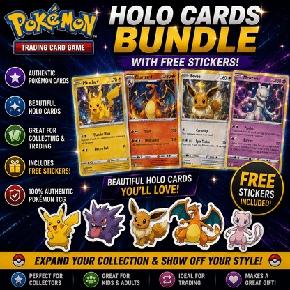 Pokemon Holo Cards Bundle 25 Cards | Authentic Holographic & Reverse Holo TCG Cards Assorted Sets | Free Stickers Included | Gift for Kids & Collectors