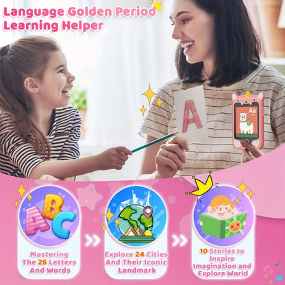Kids Toy Phone with 25 Games Touchscreen HD Dual Camera & 8GB SD Card – Dinosaur Children's Cell Phone for Boys & Girls Ages 3-10 Travel Toy Birthday Christmas Easter Gift Pink Purple