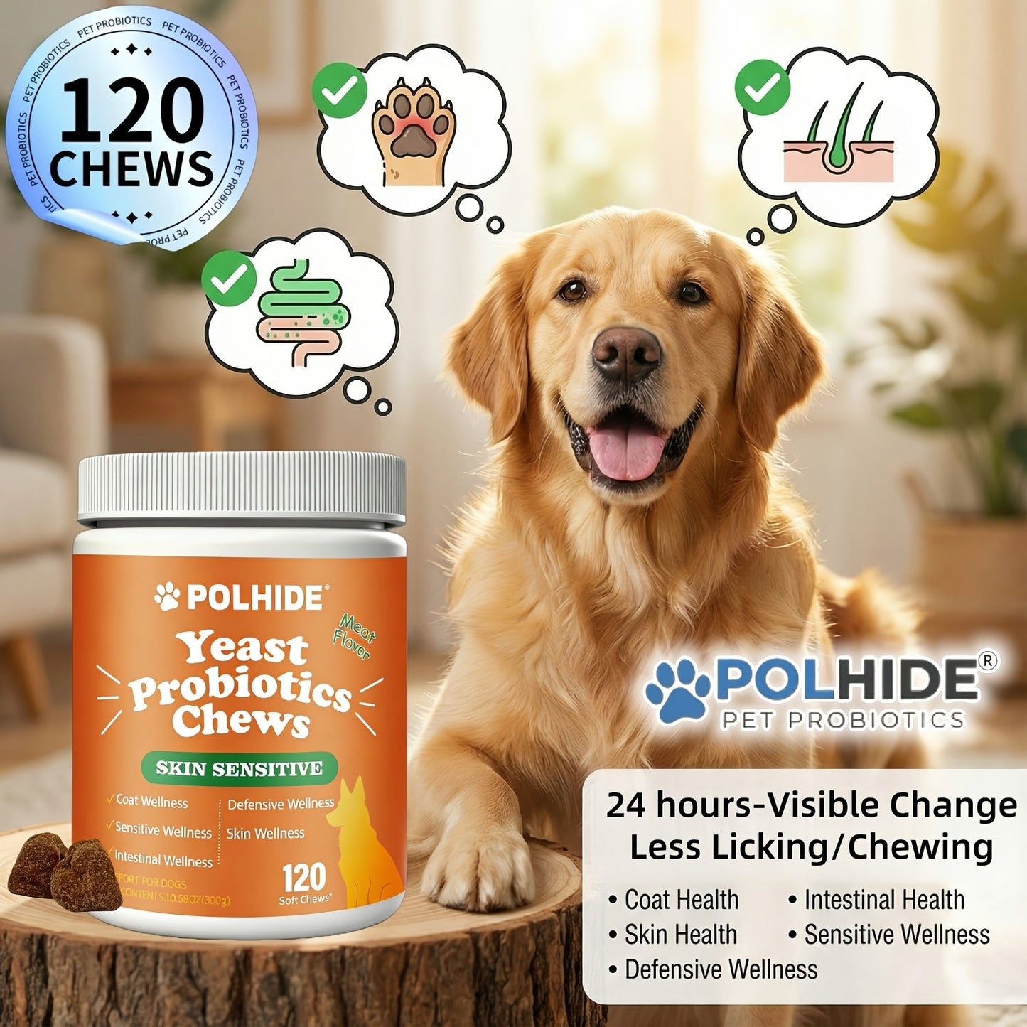 Probiotic Chews for Dogs 120 Count 90-Day Supply – Yeast & Gut Health Supplement, Soft Meat Flavor Chews for Coat, Intestinal & Immune Support, All Ages