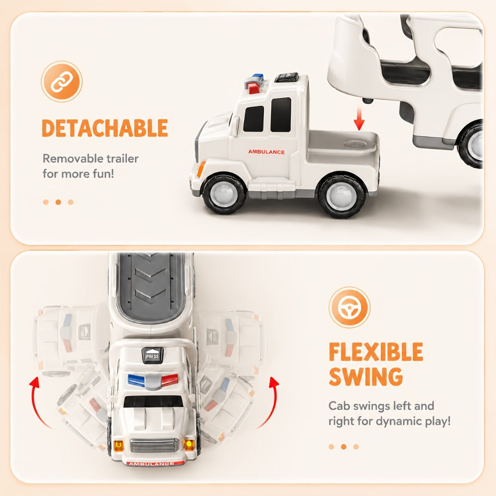 Ambulance Carrier Truck Toy Set 5-in-1 with Light & Sound for Kids Ages 3-8 – Friction Powered Rescue Vehicle Playset Fire Truck Police Car Helicopter Mini Cars Birthday Christmas Gift Boys Girls