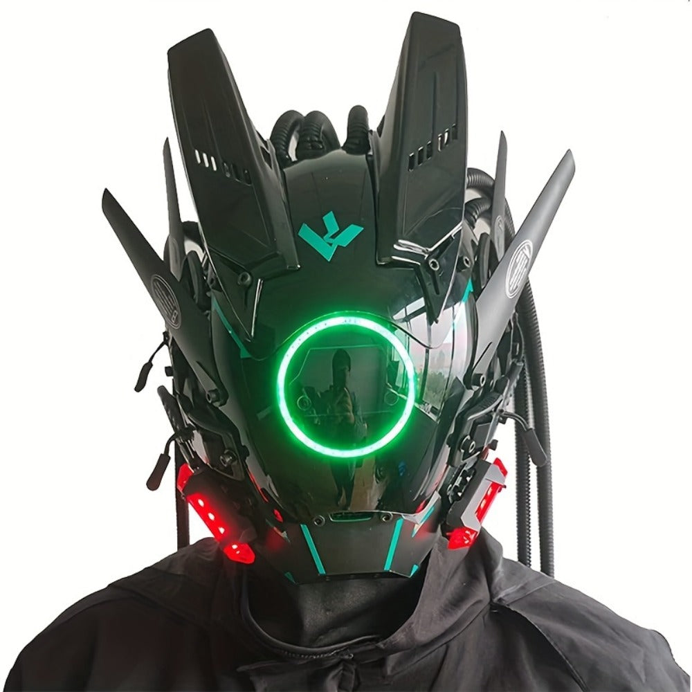 LED Punk Mask with Tubular Braids & Helmet – Futuristic Sci-Fi Mechanical Cosplay Mask for Halloween, Rave Music Festival & Party, Blue Green Pink, Handmade TPU PC Unisex Adult Costume Prop