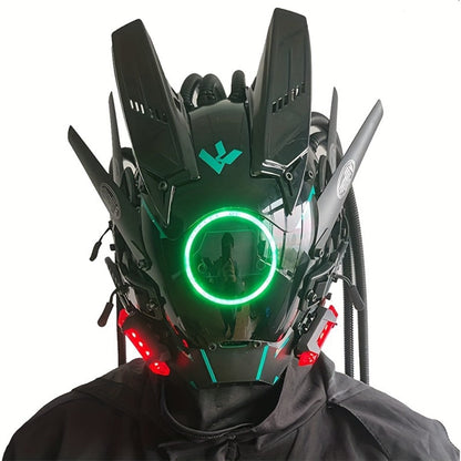 LED Punk Mask with Tubular Braids & Helmet – Futuristic Sci-Fi Mechanical Cosplay Mask for Halloween, Rave Music Festival & Party, Blue Green Pink, Handmade TPU PC Unisex Adult Costume Prop