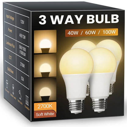 3-Way A19 Light Bulb 50 100 150W Equivalent 1500 Lumens E26 Medium Base – Warm White 2700K & Daylight 5000K Three-Way Bulb for Bedroom Living Room Study Room Floor Lamp, 4 Pack