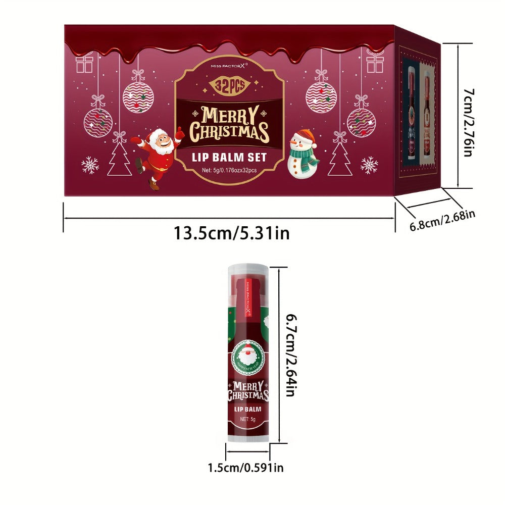 Christmas Lip Gloss & Balm Set 32 Pcs — MISS FACTOR Holiday Gift, Long-Lasting Hydrating Smudge-Proof Formula, Lipstick-Like Tubes, Festive Stocking Stuffer for Women Girls & Beauty Lovers