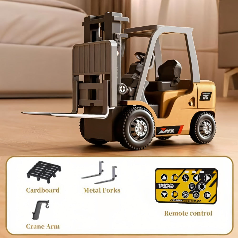 RC Forklift Toy 1/64 Scale Alloy Die Cast Remote Control Forklift Truck 7 Channel 3-in-1 Lift Fork Hook with Lights Rechargeable Kids Christmas Gift