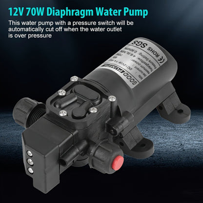 12V DC High Pressure Diaphragm Water Pump 70W Self Priming Pump 6L/Min 0.9MPA Portable Booster Pump for RV Caravan Boat Sprayer Cooling Welding Drill Cleaning Water Transfer
