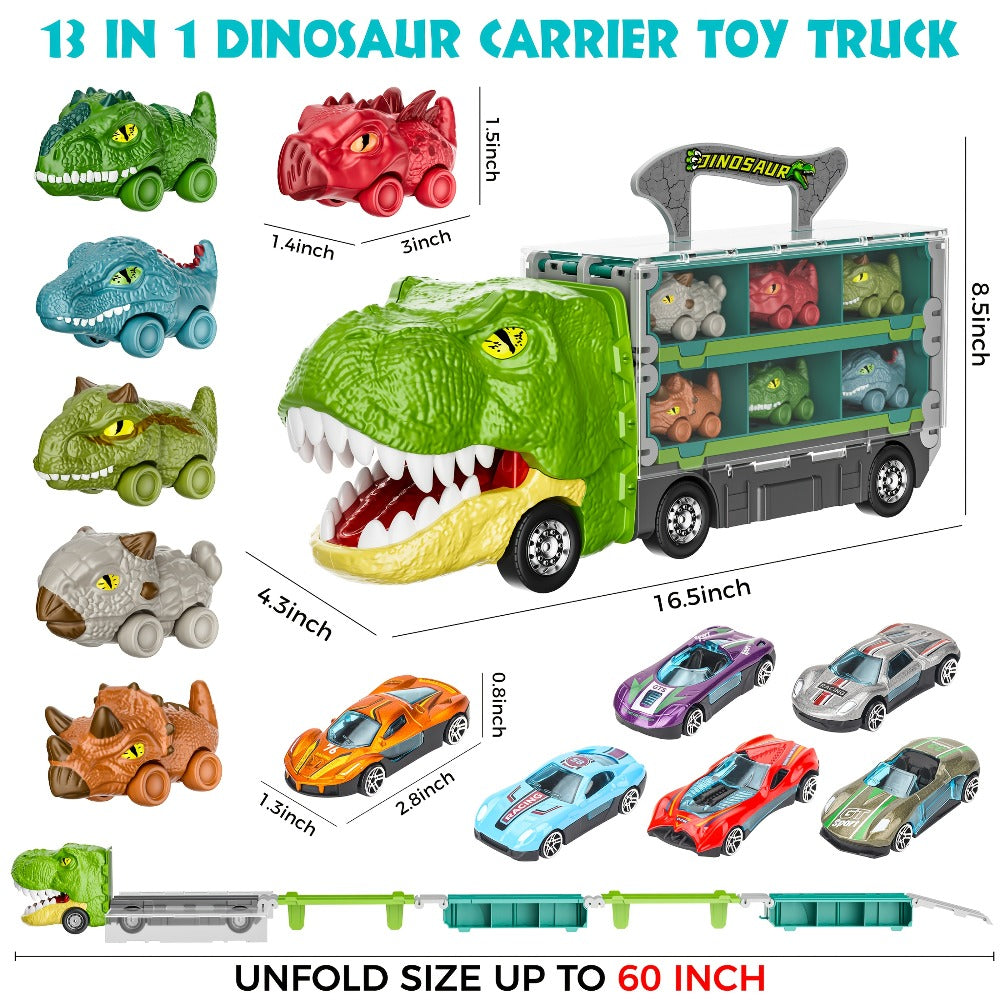 Dinosaur Truck Toys 13-in-1 Transport Carrier with 63-Inch Foldable Race Track | 6 Dino Cars + 6 Die-Cast Cars | 2-Player Racing Mode | Kids Birthday Christmas Gift