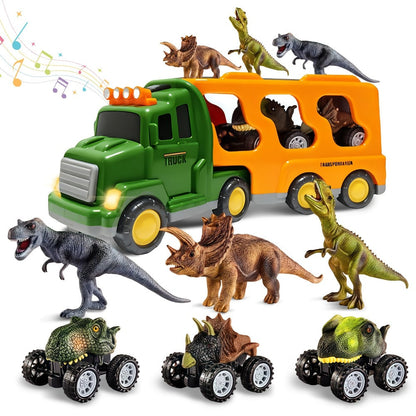 Dinosaur Transport Truck Toy Set with Lights & Sounds – 7-in-1 Dino Carrier with 3 Dinosaur Figures & 3 Monster Cars for Boys Girls Ages 3+, Battery Powered, Birthday Christmas Gift