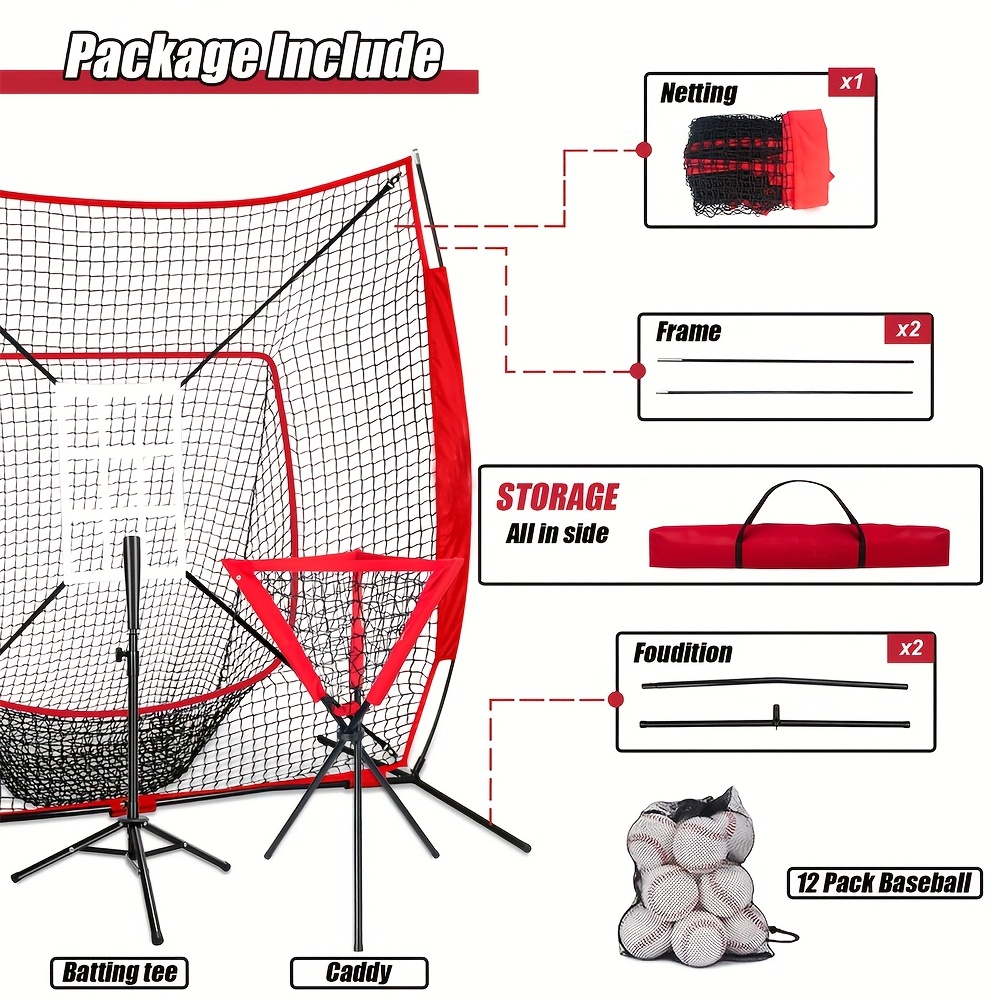 Baseball Practice Net 7x7ft – Complete Hitting & Pitching Training Set with 12 Baseballs, Bow Frame, Batting Tee, and Tote Bag, Portable Backyard Softball Throwing Net for Kids & Adults